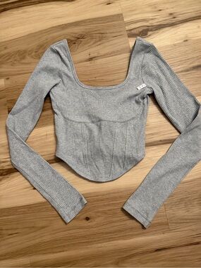 NWT Victoria Secret PINK Grey Ribbed Knit Long Sleeve Corset Crop Top Size S